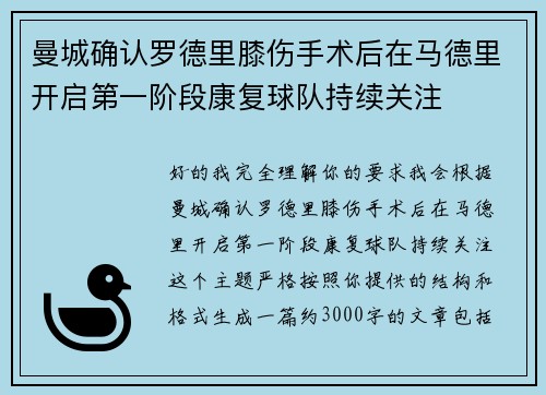 曼城确认罗德里膝伤手术后在马德里开启第一阶段康复球队持续关注 曼城确认罗德里膝伤手术后在马德里开启第一阶段康复球队持续关注