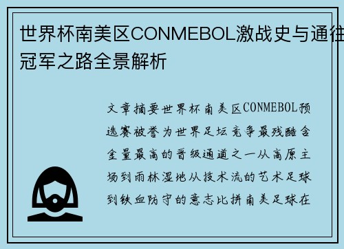 世界杯南美区CONMEBOL激战史与通往冠军之路全景解析 世界杯南美区CONMEBOL激战史与通往冠军之路全景解析