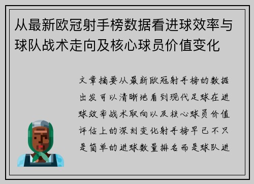 从最新欧冠射手榜数据看进球效率与球队战术走向及核心球员价值变化 从最新欧冠射手榜数据看进球效率与球队战术走向及核心球员价值变化